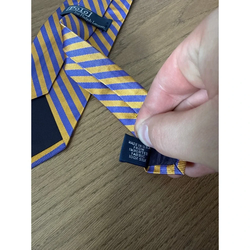 Polo Ralph Lauren Silk Tie Blue Gold Repp Stripe Made in USA Hand Finished
